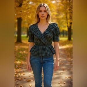 🍂S’edge Apparel Ruffle Peplum Plaid Blouse Size S NWT